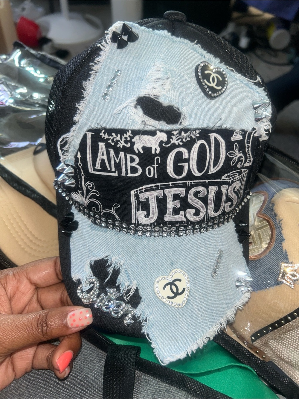 Lamb of God Jesus Denim Patch Baseball Cap - Light Blue & Black
